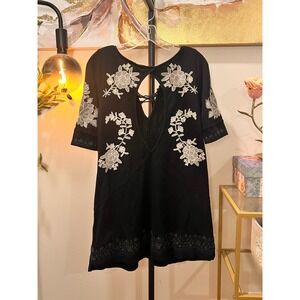 Free People Black Embroidered Floral Lace Up Tunic Dress Boho Mini Medium